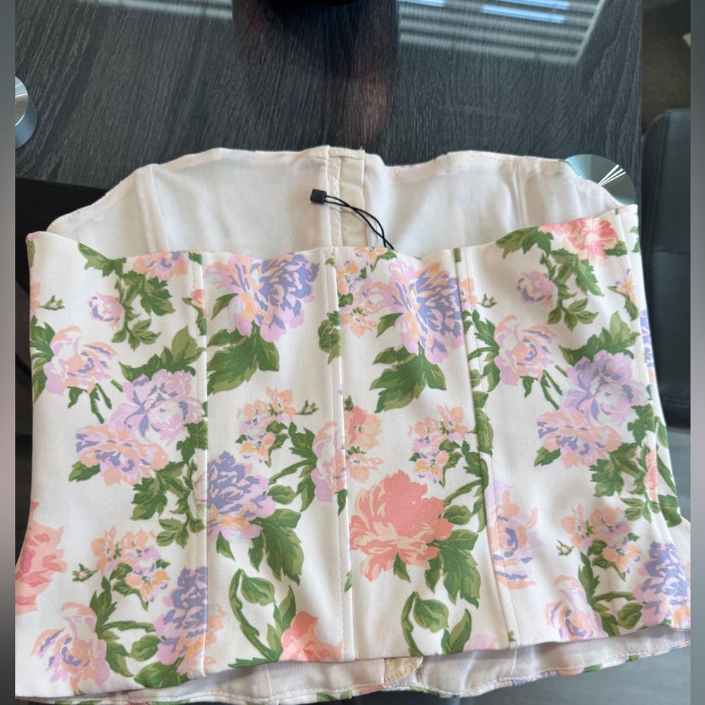 Zara Floral Strapless Corset Top in Pink with Green Accents - Picture 15 of 16